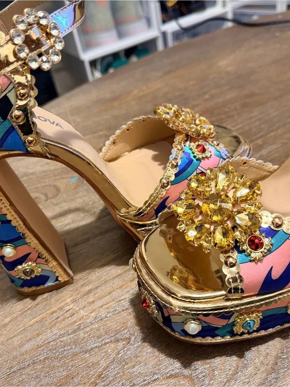 Fashion Nova Pink Multicolor Jeweled Platform Sandal with Gold Trim